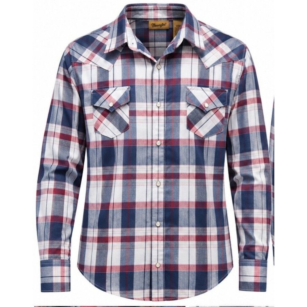 Wrangler Women’s L/G Plaid Western Pearl Snap Shirt Red White Blue Long Sleeve